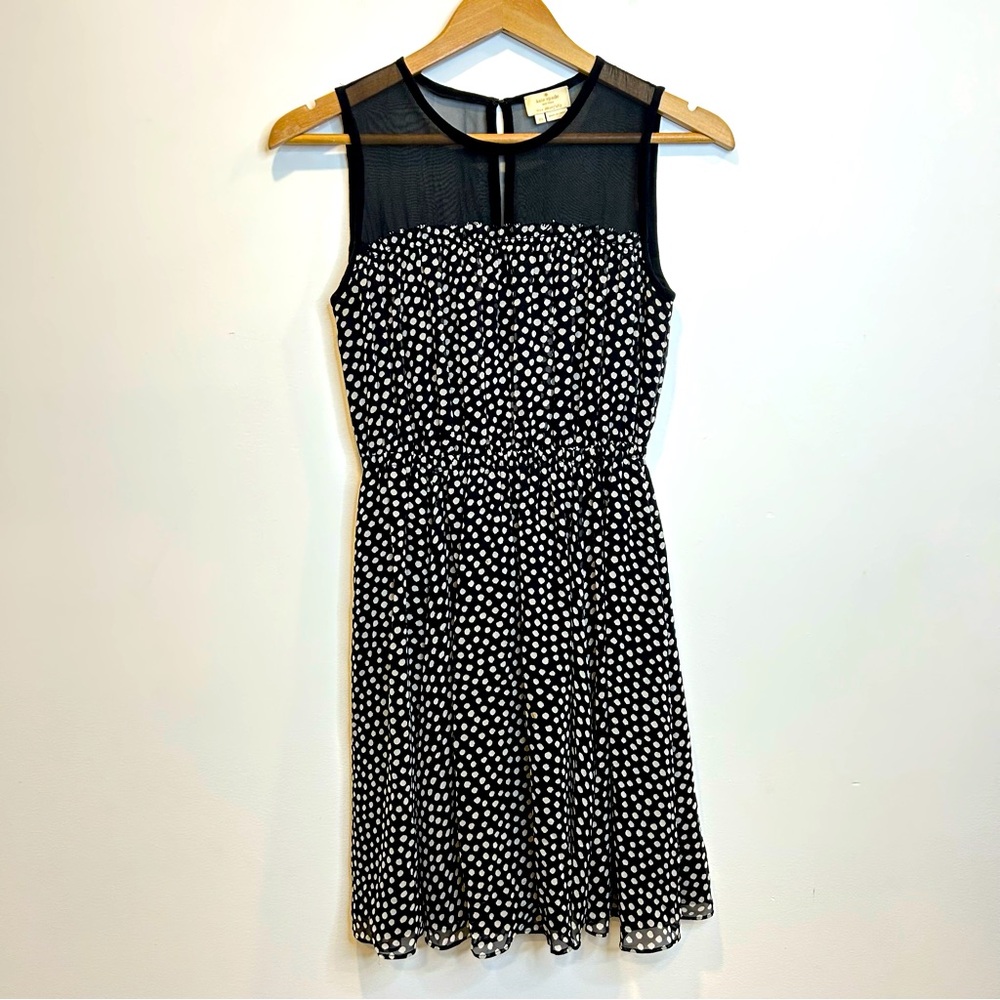 Kate Spade Silk Polka Dot Sleeveless Sheer Detail Dress Black White